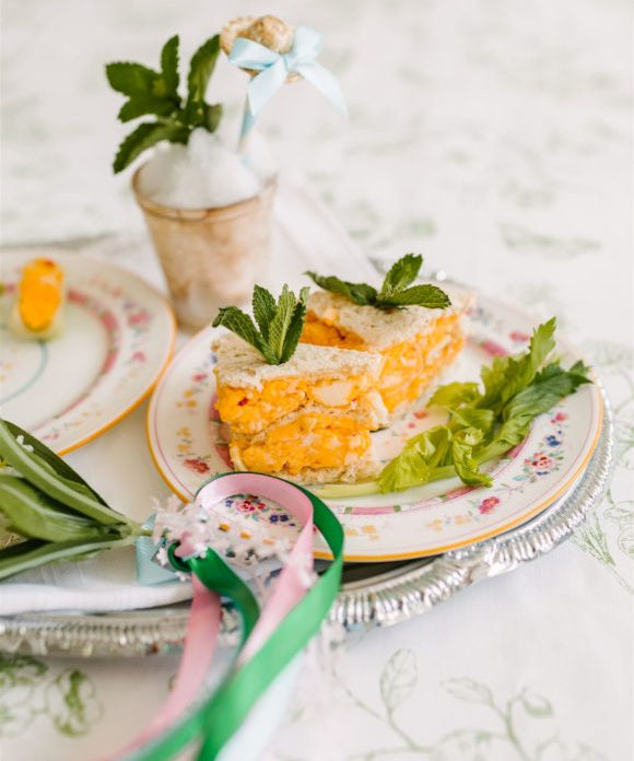 kentucky derby silver tray with pimento cheese sandwich