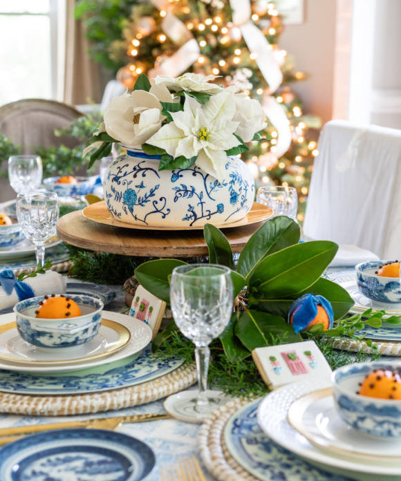 blue and white christmas table setting