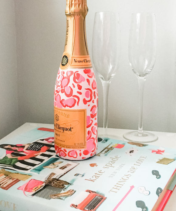 hand painted champagne bottle for valentines day red and pink leopard print veuve cliquot