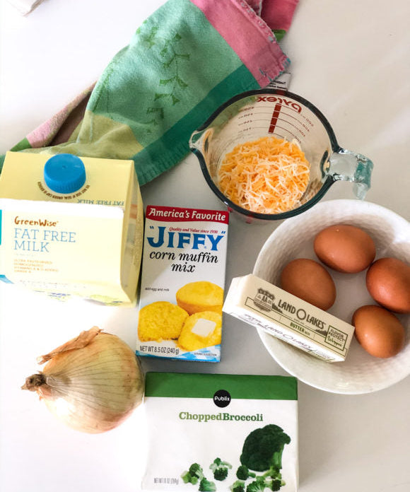 ingredients for brocooli cheese cornbread with jiffy corn muffin mix eggs butter broccoli milk onion and cheese