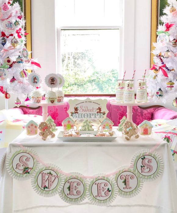 milk and cookies party in pink and white at Christmas