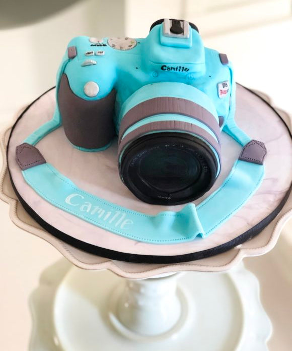 blue sculpted camera cake with fondant strap with name on it
