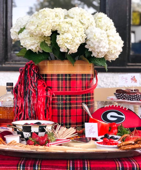 tailgate with plaid tablecloth hydrangeas in a retro plaid cooler and cheese tray