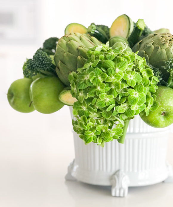 shamrock hydrangea in all green floral arrangement in white planter