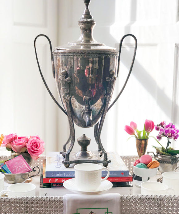 champagne brunch on bar cart with tea service
