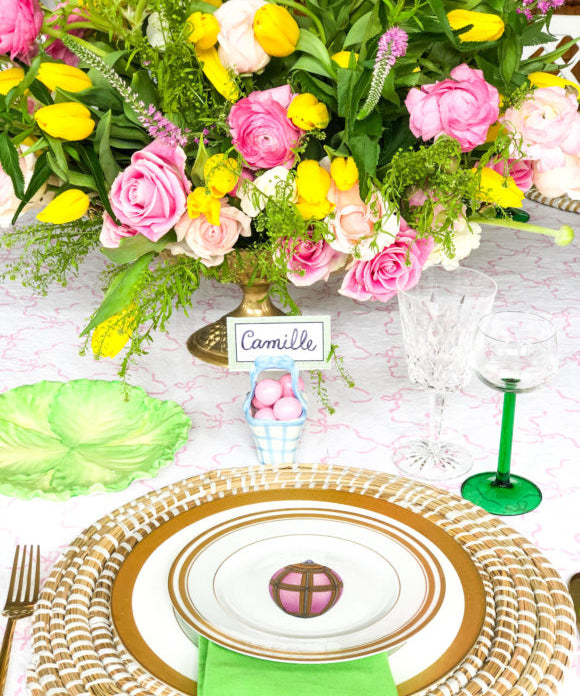 easter table setting with egg plate and camille place card