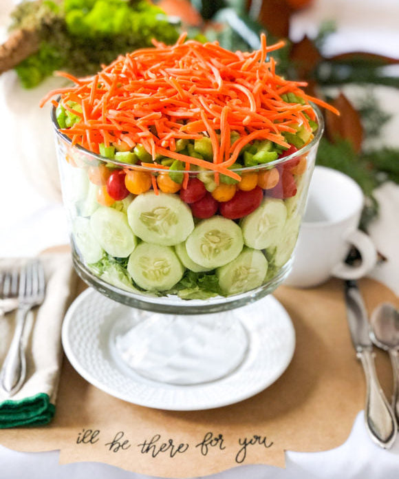 salad served in a trifle dish for friendsgiving