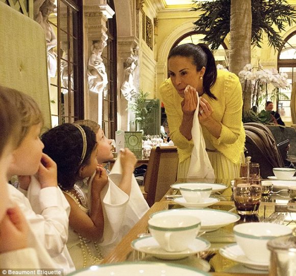 myka meier teaching etiquette to children at the plaza hotel