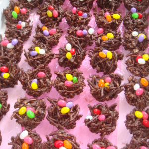 birds nests dessert in tray topped with jelly beans