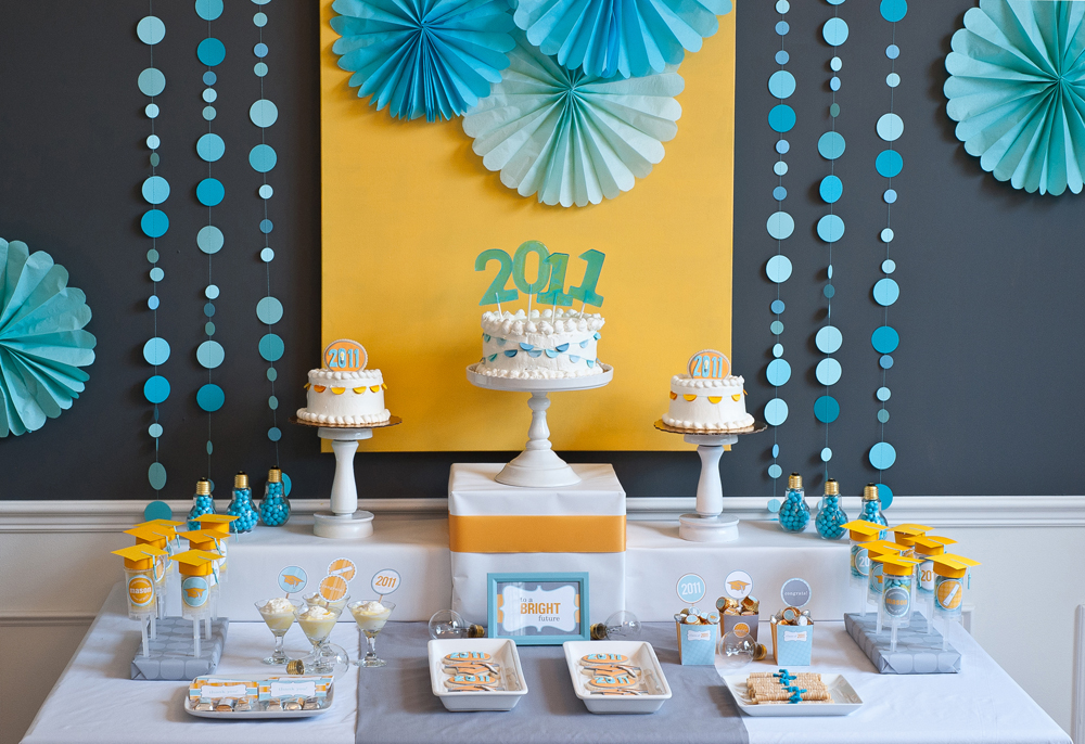 blue and yellow grad party table