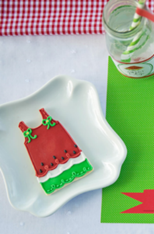 red green dress cookie with black dots for watermelon seeds