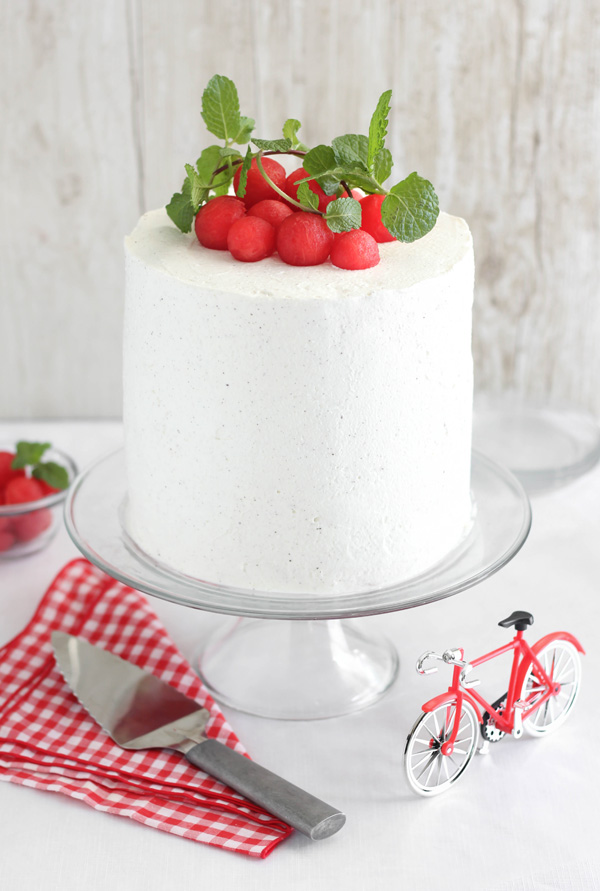 fresh watermelon cake with white frosting and watermelon balls and herbs on top