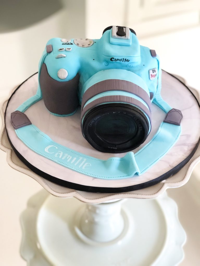 blue sculpted camera cake with fondant strap with name on it