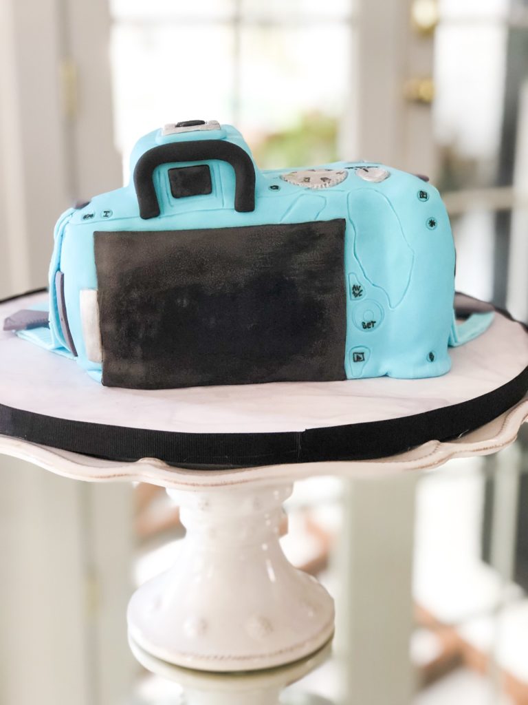 back of sculpted camera cake in blue
