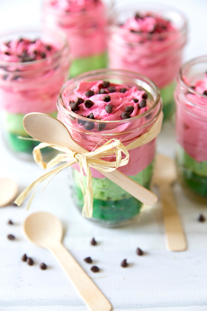 watermelon cake in mini mason jars with pink icing and chocolate chips for seeds tied with raffia ribbon
