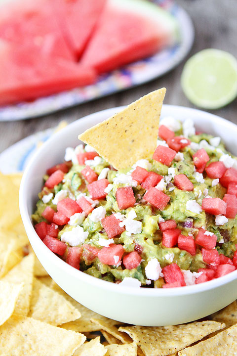 guacamole made with watermelon with tortilla chip