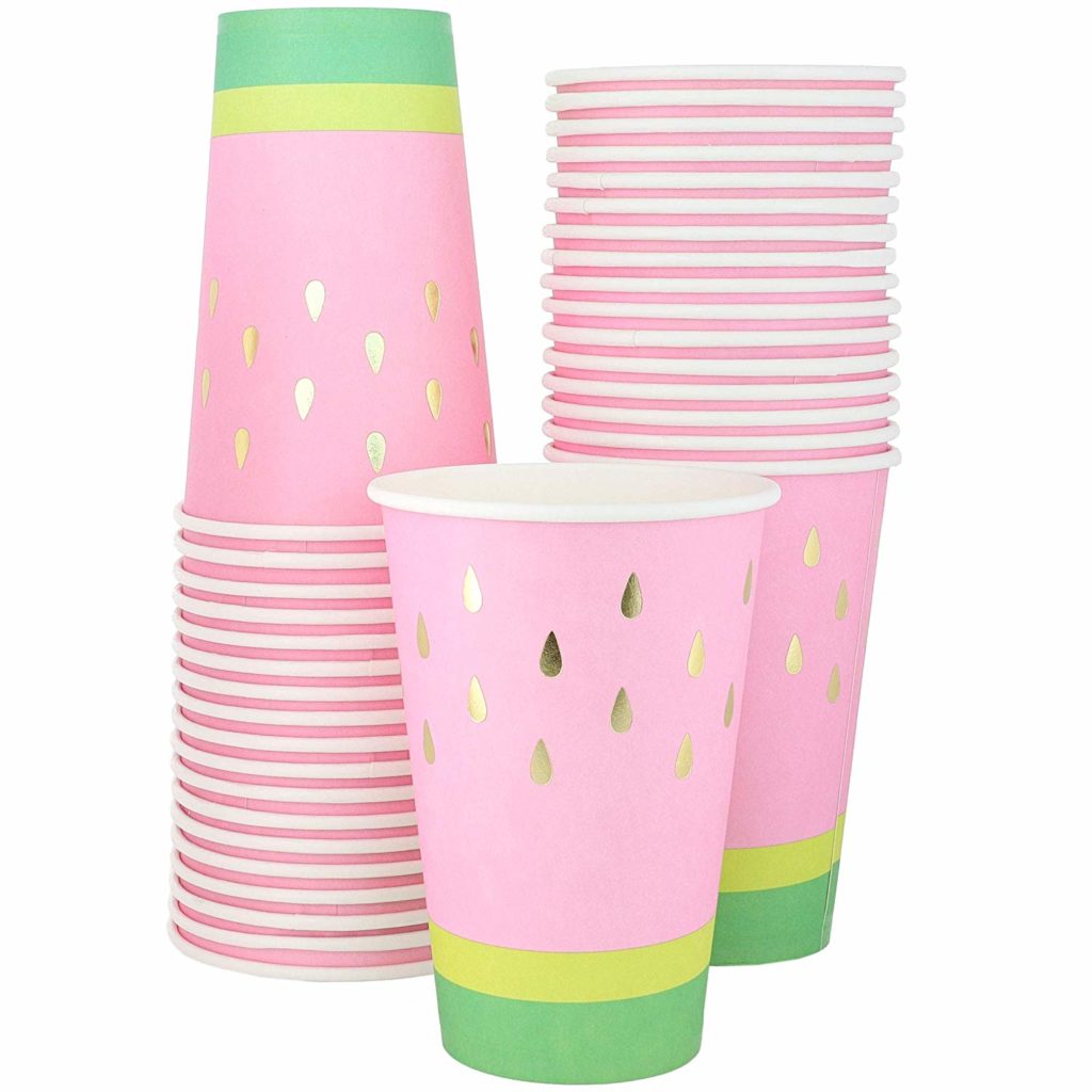 pink watermelon cups with gold foil seeds