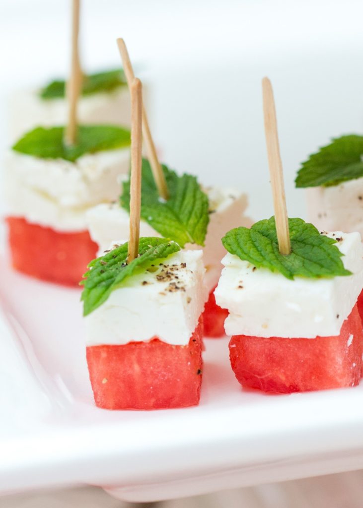 watermelon feta and basil on a wooden skewer