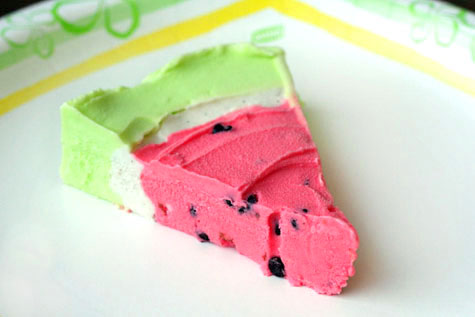 slice of watermelon sherbet pie with chocolate chips for seeds