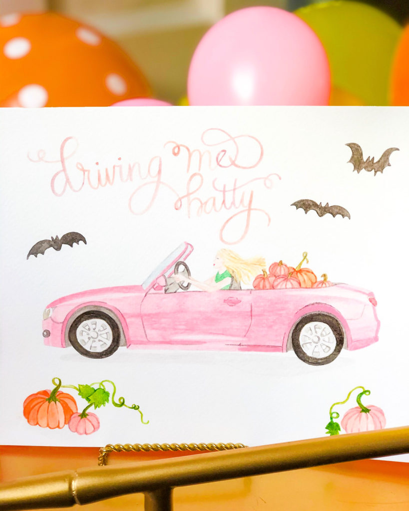 illustration of a pink car with blonde teen girl driver with pumpkins and bats