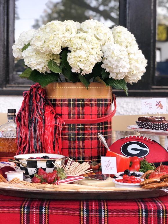 tailgate with plaid tablecloth hydrangeas in a retro plaid cooler and cheese tray