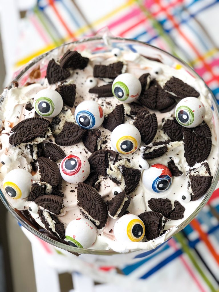 Brownie Trifle with gumball eyeballs on the top