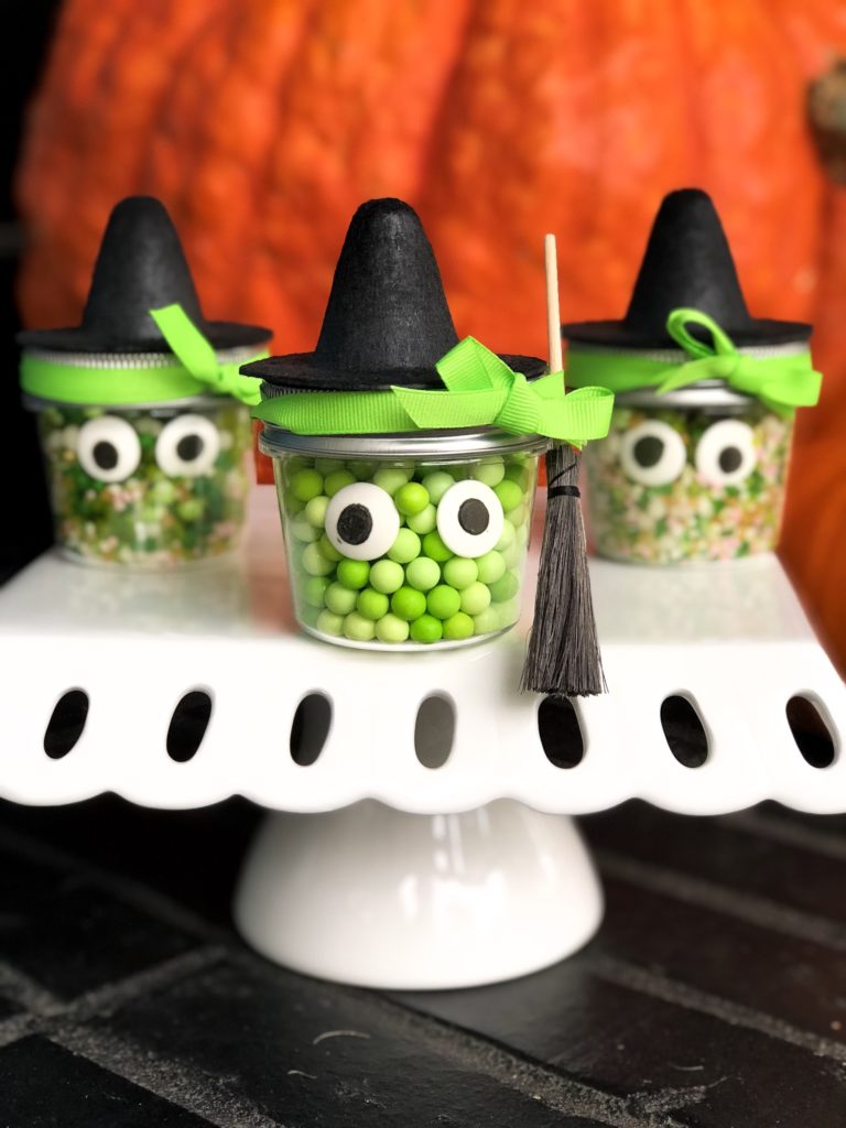 Witch wart party favor green candy in clear jar with mini witch hat and mini broom