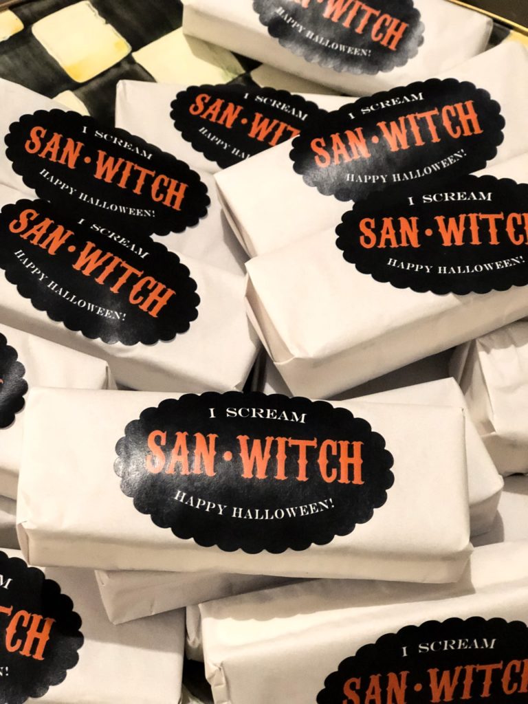 halloween ice cream sandwiches with san witch stickers on them