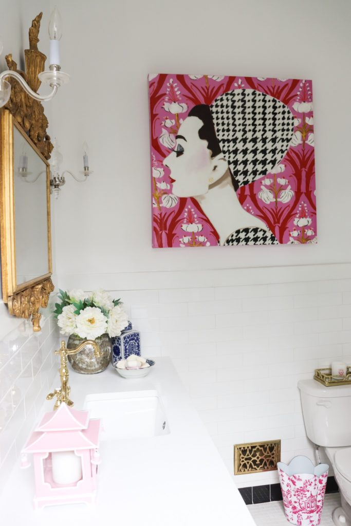white bathroom with ashley longshore audrey painting