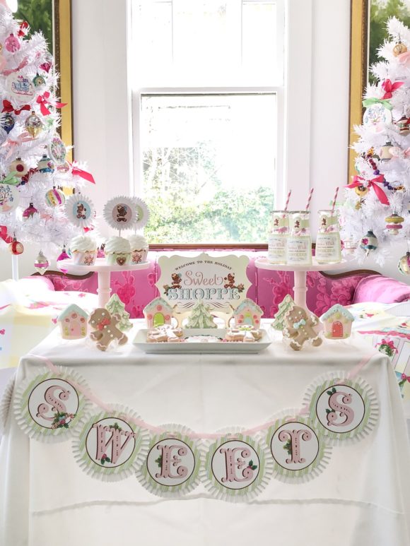 milk and cookies party in pink and white at Christmas