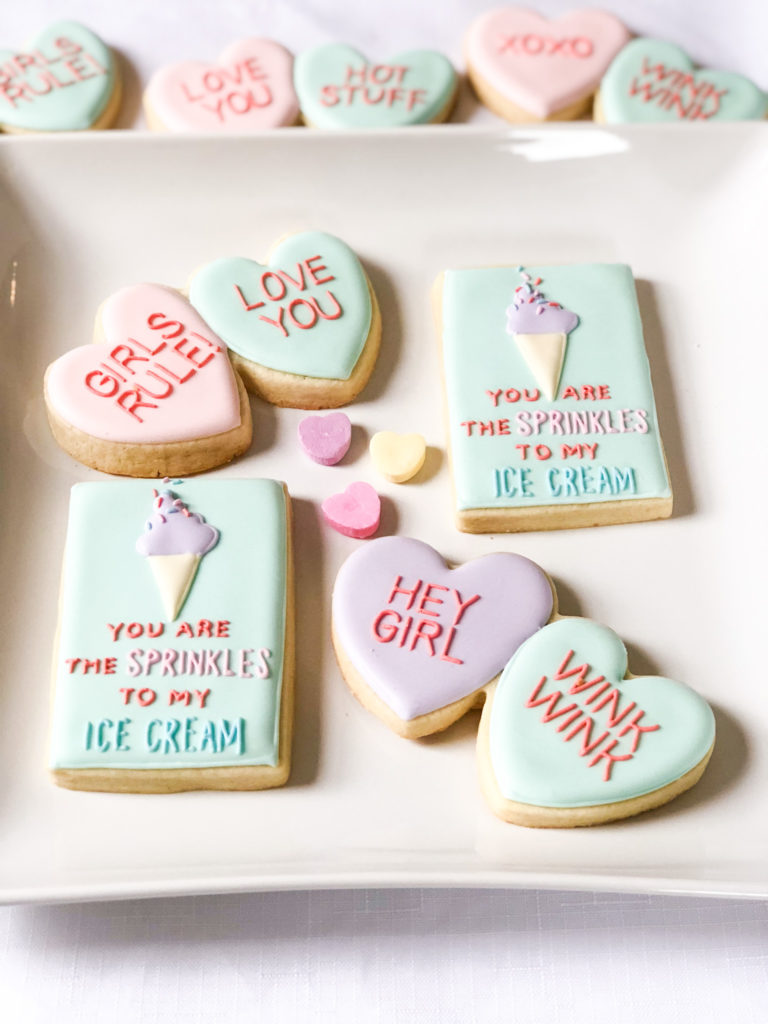 supper club galentines day candy conversation hearts decorated cookies
