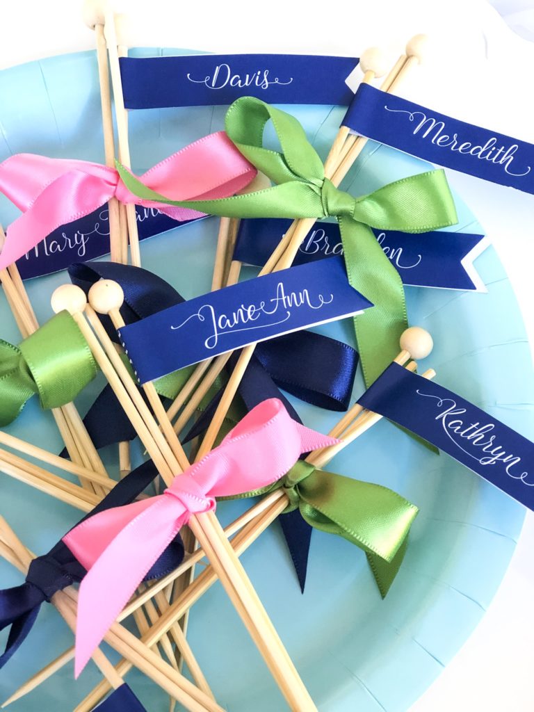 supper club fondue skewers with names and ribbon