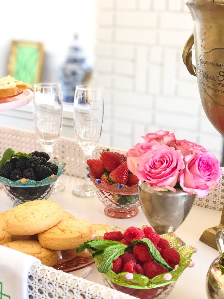 loving cup with roses on bar cart