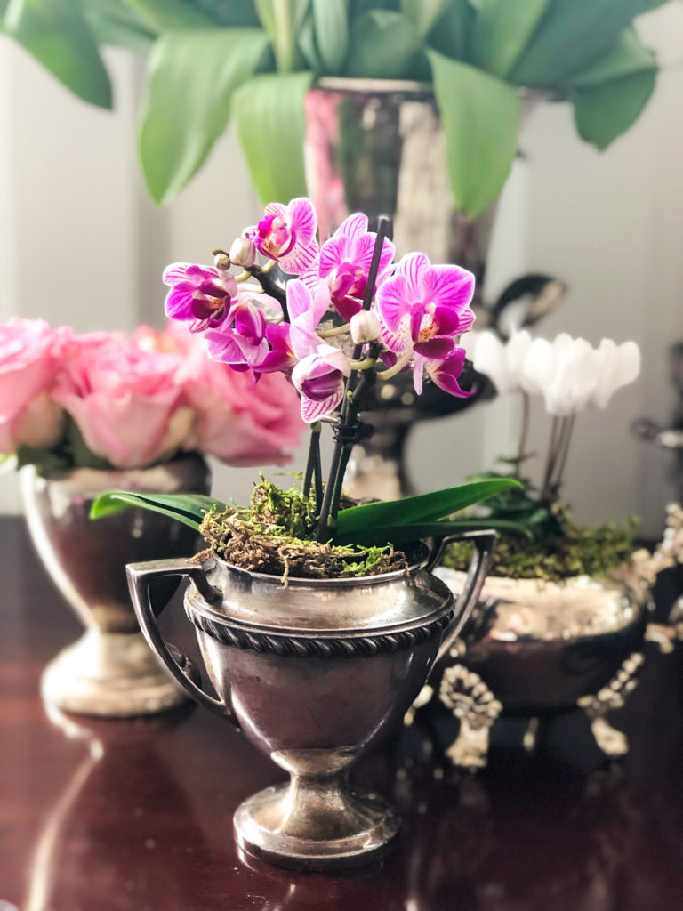 loving cups grouped with orchids and roses