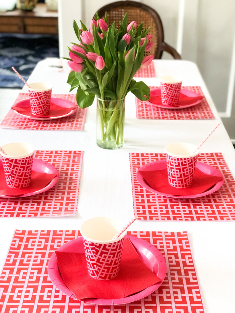 supper club love you pho real table set with tulips and galentines day