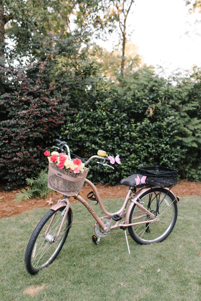 garden party dinner celebration with bicycle and flower basket