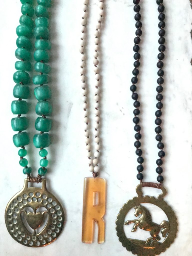 cara brown horse brass necklaces and found objects letter r