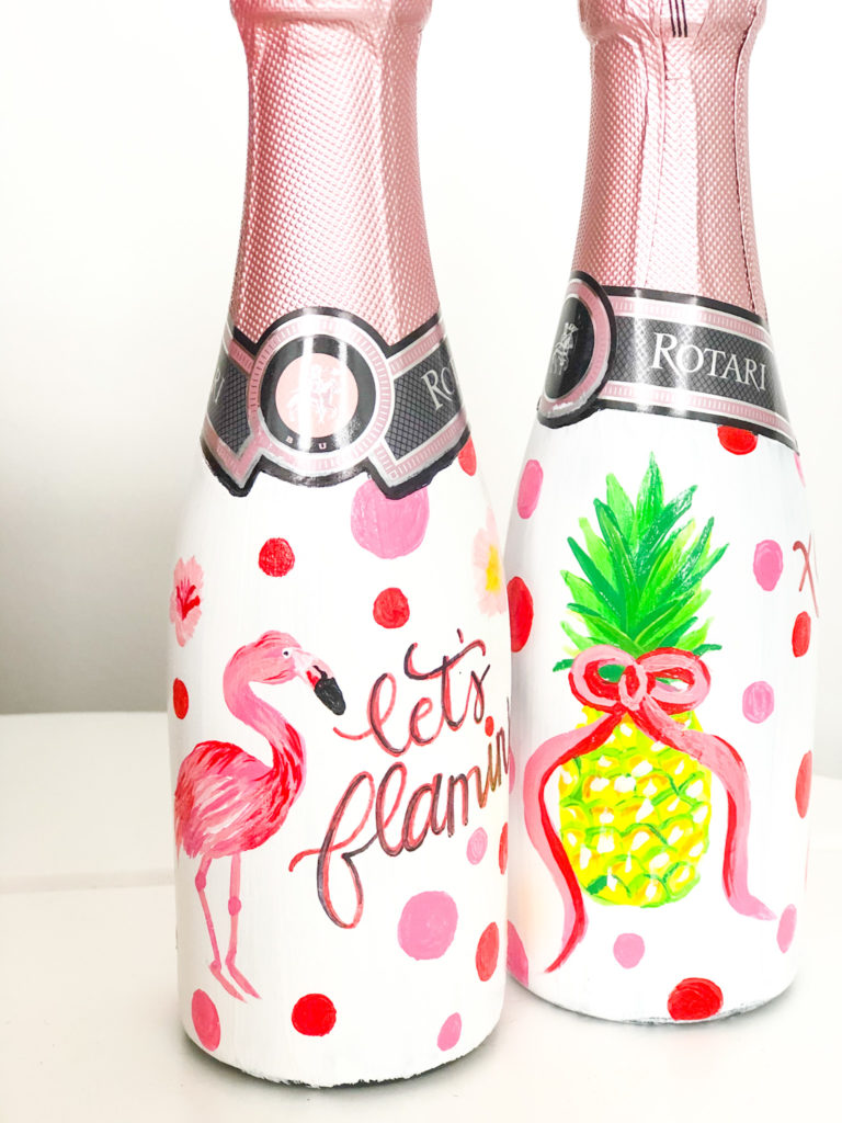 hand painted mini champagne bottles with flamingos and pineapples