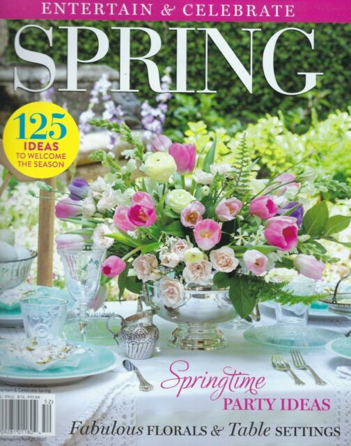 spring magazine cover with table set in white pink and blue with bright pink green and white flower centerpiece