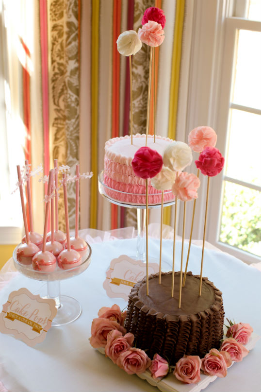 pink dessert table with pink cake chocolate cake with pink roses and pink cake pops