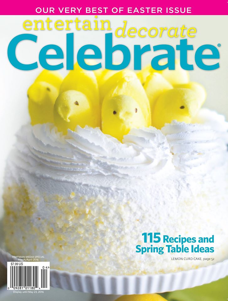magazine cover with celebrate on front and white cake with whipped cream and yellow marshmallow peep chicks
