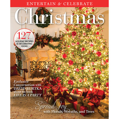 entertain and celebrate magazine cover for christmas with christmas tree by fireplace on cover