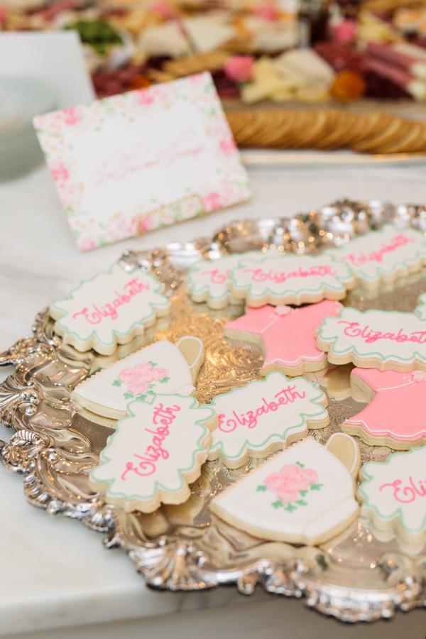 silver tray with ballerina cookies and teacup cookies with names