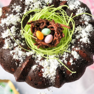 triple chocolate bundt cake with edible green grass and chocolate bird nest with jelly bean eggs