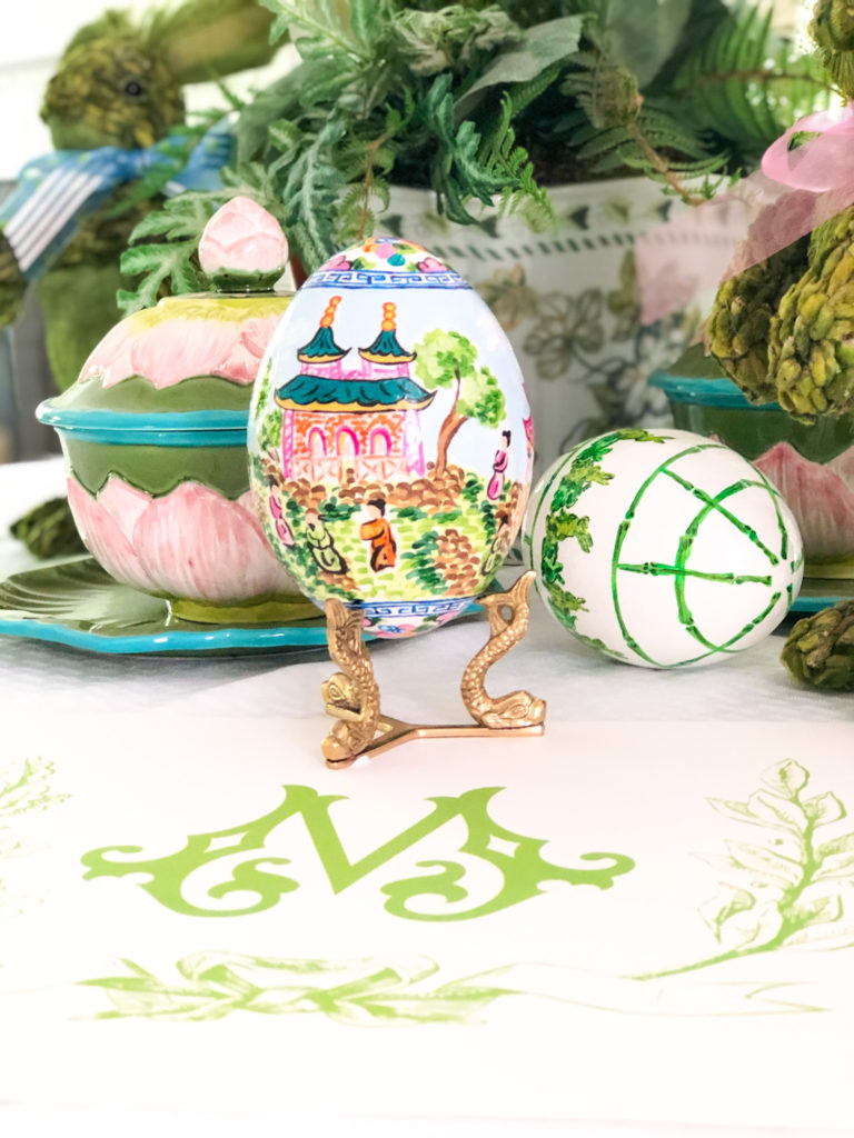 monogrammed m placemat with painted oastrich egg on easter table