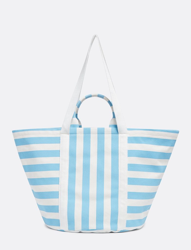 turquoise and white striped beach bag