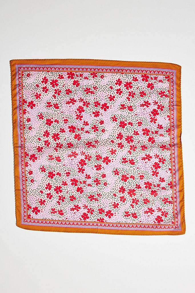 square scarf in pink red green print with a border