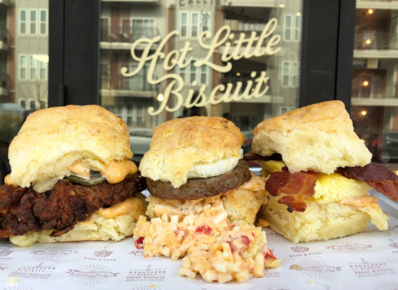 3 biscuits with sausage bacon and pimento cheese