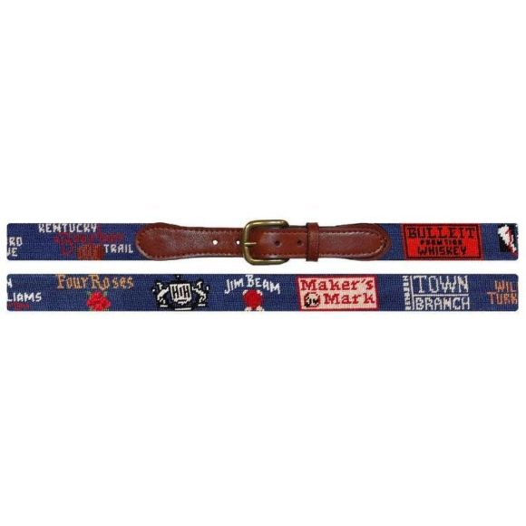 blue belt embroidered with kentucky bourbon names