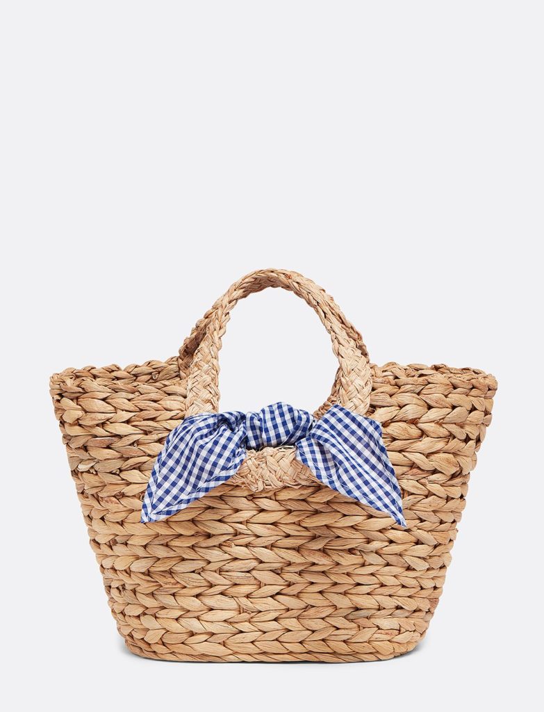 mini straw tote bag with blue and white gingham scarf